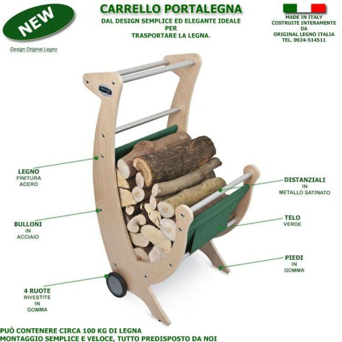 Carrello Portalegna in Legno Esploso